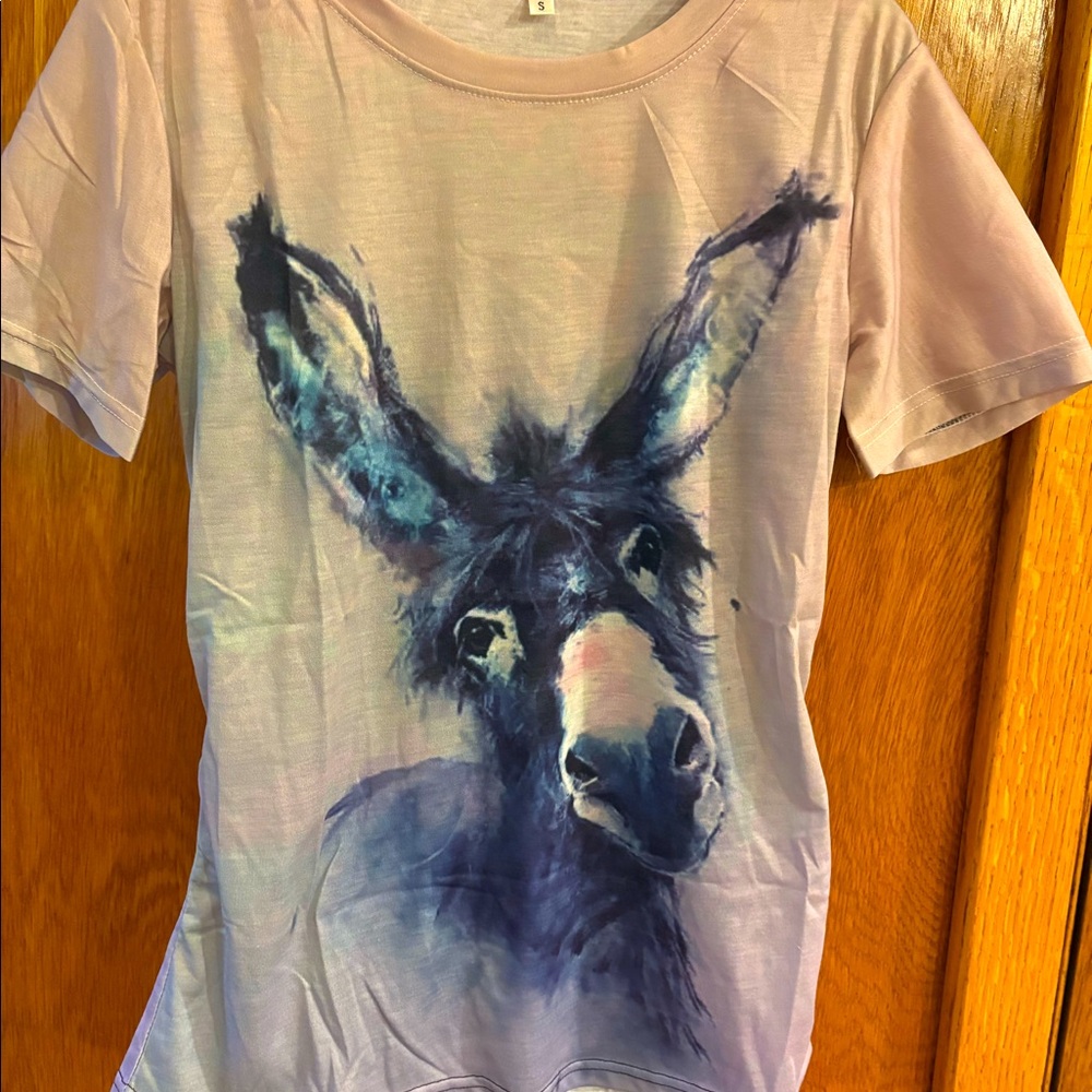 Donkey T-shirt, women’s sz small, purples and blues, NEW without tags